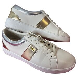 Michael Kors Womens White Gold Metallic Stripe Lace Up Sneakers Sz 8.5 Luxe